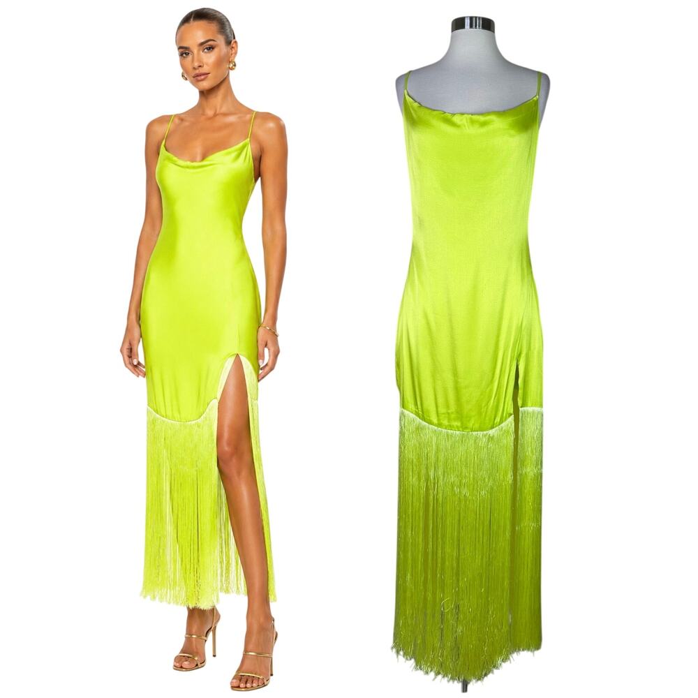 Elliatt | Revolve Carlene Neon Green Yellow Fringe Satin Cocktail Maxi Dress S